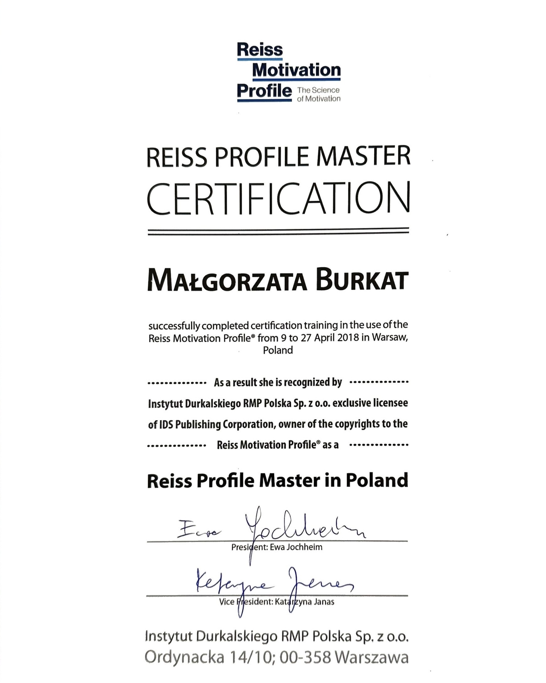 Certyfikat RMP Master